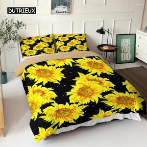 Ensembles de literie Ensemble de housse de couette de tournesol Fleur jaune Twin Polyester Noir Or Tournesols Imprimer Couette pour enfants adolescents