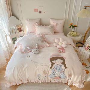 Conjuntos de ropa de cama al por mayor estilo princesa algodón lavado 4 piezas tela fijada niña bordada rosa para niños
