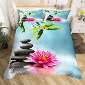 Conjuntos de ropa de cama Zen Stones King Funda nórdica Sandy Beach Set Microfibra Púrpura Phalaenopsis Edredón Meditación Colcha