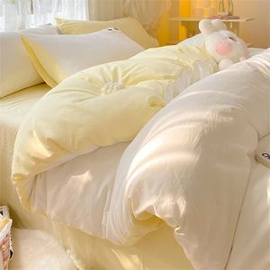 Conjuntos de ropa de cama Juego de cama doble, 4 piezas, algodón lavado, juego de dormitorio blanco, ropa de cama plegable, funda de edredón japonesa sencilla 240202