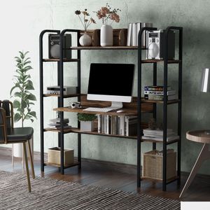 Meubles de chambre à coucher Bureau d'ordinateur Mti-Fonctions avec armoire Espresso Style simple et moderne Cadre en métal noir Rustique Marron Livraison directe H Dhbai