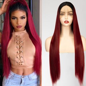 Avant la vente de lace wig femmes africaines en Europe et aux États-Unis perruque bordeaux T couleur cheveux longs raides cheveux en fibres chimiques