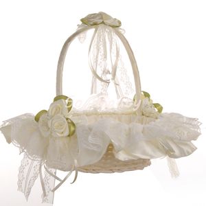 Cesta de niña de las flores de encaje beige Elegante rosa de satén Redonda Favores de la boda Decoración H5625