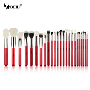 BEILI Red 24 PCS Pinceles de maquillaje profesional Set Pincel de pelo natural Maquillaje Base en polvo Rubor Sombra de ojos Cejas 201007