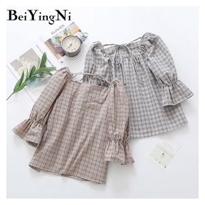 Beiyingni Summer Sweet Cute Womens Shirts Plaid Vintage Casual Puff Sleeve Blusas Korean Tops Girls Blusas Lace-up ropa 210416