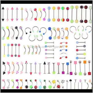 Bell Button Promotion 110pcs Modèles Mixtes Couleurs Corps Bijoux Ensemble Résine Sourcils Nombril Ventre Lèvres Langue Nez Piercing Bar Anneaux Oz2NF P9Dgr