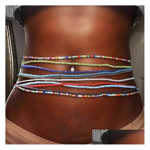 Cadenas para el vientre Estilo boho Cuentas Cadena de la cintura Elástico Colorf Bikini con cuentas Cadenas para el vientre Verano Playa Joyería corporal para mujeres Niñas Wholes Dhgk7