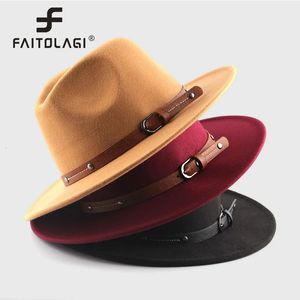 Belt Wool Fedoras Gat For Women Men Invierno Autumn Autumn Warm Vintage British Bowler Caps Church Flat Brim Fenth Jazz Hats 240322