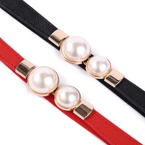 Cinturones 5 uds. Cinturón de doble perla para mujer, negro, rojo, blanco, vestido de cuero PU, falda, cintura elástica, cinturón fino de diseñador para mujer