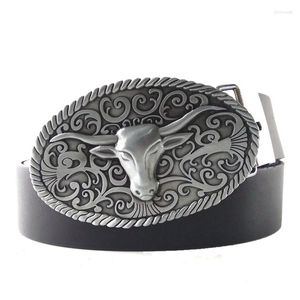 Ceintures décontracté 3.8 cm largeur taille pour hommes avec Antique argent longue corne taureau grande boucle en métal Western Cowboy accessoires de mode