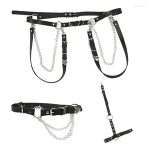Cinturones H9ED Cinturón de cadena de cuero de imitación negro Goth Sexy Body Falda Punk Estilo Correa Cintura para arnés Joyería de baile