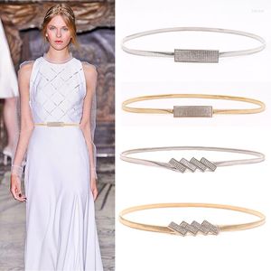 Cinturones de lujo imitan la cadena de diamantes de imitaci￳n cintur￳n para vestir estirado metal de metal plateado mujeres el￡sticas delgadas el￡sticas damas