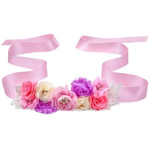 Cinturones Pink Flower Girl Sash Cinturón para niños Mujeres Pretina de maternidad Rhinestone Flores Cinta de encaje Cinta nupcial Vestido de novia Cintura