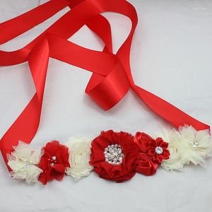 Cinturones de gasa roja y marfil, cinturón de flores en mal estado, cinturón de dama de honor, vestido de tul nupcial, accesorios para niña