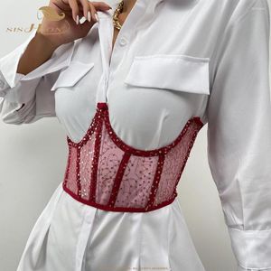 Cinturones SISHION Mujeres Sheer Underbust Corset Tops Vino Rojo Negro Strapless Tie Back Boned Bustier Lentejuelas Cintura Cincher QZ0485