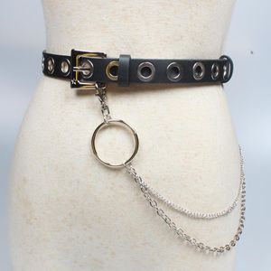 Cinturones Mujer Moda Para Mujer Rock Pretina Negro Faux Leather Aleación de plata Pin de estrella Cadena de metal Chunky Flecos Correa Cinturón JeanBelts