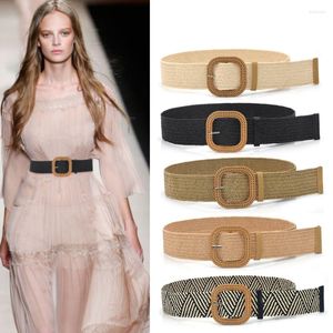 Cinturones Mujer Venta al por mayor Diseñador PP Tejido de paja Cintura elástica ancha para vestidos Moda Damas Raya Hebilla redonda Correa de cintura