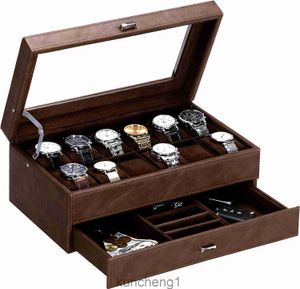 Boîte de montre Beome pour hommes Luxury Watch Organisateur Faux Watch Case avec tiroir de bijoux Real Glass Top Metal Hinge Brown SSH12Z