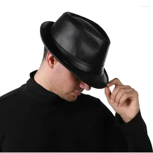 Bérets 2024 Gentune Leather Wide Brim Stetson Fedoras British Hats British for Men / Women Gentman Black 55-62CM Jazz Fitted Jazz Hipras