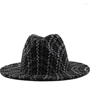 Berets preto / branco treliça larga aba simples top chapéu panamá sólido feltro fedoras para homens mulheres mistura de lã jazz boné
