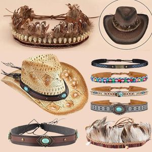 Boinas Boho Sombrero Accesorios Retro Western Denim Belt Hombres y mujeres Paja Cowboy Hebilla Decoración Moda