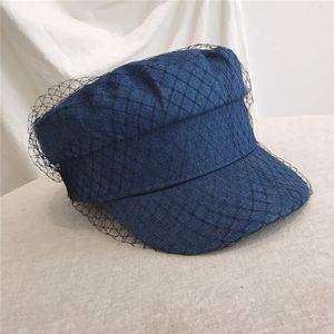 Bérets Style britannique rétro Denim béret plat casquette avec voile en maille femmes fille Protection solaire visière bouton peintre élégant militaire marine chapeau 230825