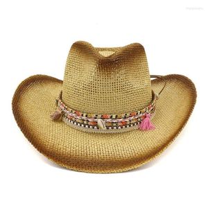 B￩rets Brown Spray Paint D￉COR DE RIBBON ETHNIQUE FEMMES PANAMA STYLE HAPE LIGNE Large Brim Visor Caps Summer Cowboy Paille pour unisexe