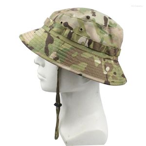 Bérets Camouflage Boonie Bucket Hat avec cordon de menton réglable, casquette de soleil de pêche légère et pliable pour la randonnée en plein air en gros