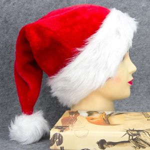 Bérets de Noël en peluche 2024 Père Noël rouge longs chapeaux de Noël avec grosse boule de fourrure unisexe pour enfants décorations d'hiver