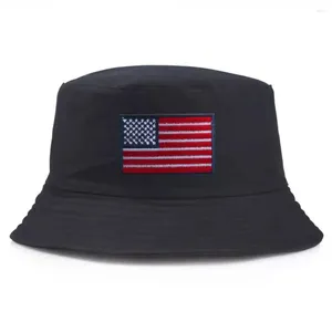 Boinas Algodón Plegable Panamá Gorra Bonnet Mujeres Flat Top Fisherman Chapeau Bandera de EE. UU. Bordado Sombrero de cubo Unisex Street Visor Cap