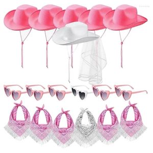 Bérets Cowgirl Hat Lunettes de soleil Kerchief Set pour la douche nuptiale Bachelorette Party Bride and Bridesmaids with Veil