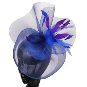 Boinas moda azul real boda tocados sombreros plumas púrpura sombreros mujeres elegantes damas fiesta Kenducky Chic accesorios para el cabello