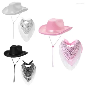 Berets Fringed Cowboy Hat Bandanas Costume Set for Women Man Man Music Festival Dress Up Bachelorettes Party Supply 2pcs