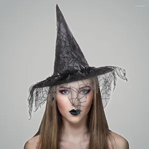 Bérets Halloween Witch Hats avec Spider Web Veil for Women Costume Femme Wizard Chapeau Magican Headress Caps Favors