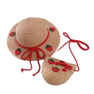Bérets coréen fraise ananas enfants chapeau de soleil sac ensemble marque d'été dentelle bowknot plage paille pour garçon fille large bord casquette