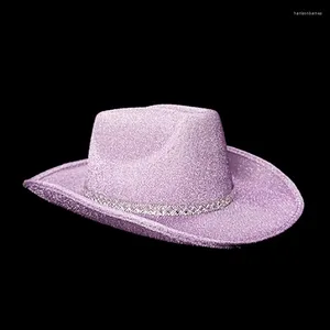 Bérets Chapeau de cowboy léger et brillant de type occidental, chapeaux à paillettes, accessoire en feutre Fedora, large bord incurvé