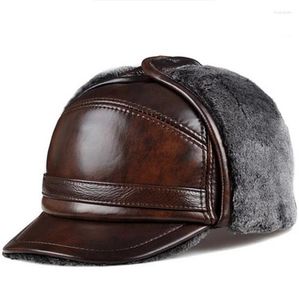 Bérets pour hommes, Protection d'oreille chaude d'hiver, bombardier en cuir véritable, fausse fourrure à l'intérieur, noir/marron, taille Ultra grande, casquettes 54-62cm