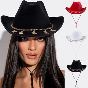 Berets Men Women Casual Felt Cowboy Cowboy avec des strass de la musique de la chaîne de papillons Party Wide Brim Cowgirl pour Club Stage Show