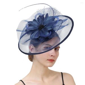 Bérets Chapeau de cocktail de la marine Fascinators Base pour femmes Bandeaux de fête de mariage Français Mesh Veil Hair Hoop Ornements Mariée Plumes Épingles à cheveux