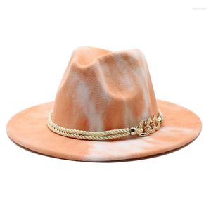 Bérets Orange violet chapeau femmes hommes Fedora chapeaux ceinture ruban bande solide classique formel teint par cravate Sombreros De Mujer large bord