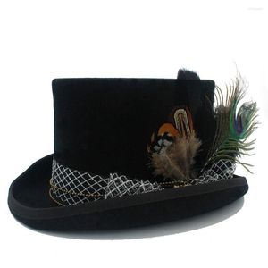 Boinas de lana pura DIY mujeres hombres Fedora sombrero Steampunk Steam Punk Gear Fedoras Millinery gafas gorra hecha a mano plumas de pavo real 20