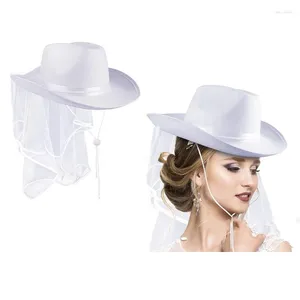 Boinas Q1FA Tiaras blancas Sombrero de vaquera nupcial con velo para despedida de soltera y fiesta Playa de verano larga