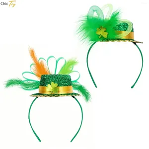 Boinas St Patricks Day Headwear Irish Shamrocks Shiny Top Hat Fuzzy Feather Diadema Aro para el cabello Accesorio de fiesta para el festival