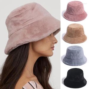 Boinas gruesas de felpa sombreros de cubo para mujeres gorra de invierno simple mujer color sólido piel pescador sombrero panamá