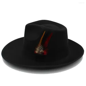 Bérets unisexe rétro laine Fedora Trilby chapeau ruban noir plumes de faisan bande melon C couronne forme de larme casquette (taille unique 58 cm)