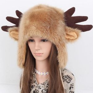 Bérets En Gros Hiver Chaud Bomber Chapeaux Casquettes Avec Deux Filles De Boules De Poils Belle Bande Dessinée Antlers / Oreilles Cap Fourrure Cachemire Chapeau Hommes FemmesBérets Bere