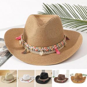 Boinas, venta al por mayor, sombrero de vaquero con borla rosa para mujer, sombreros de playa flexibles, sombreros de paja de verano para mujer, protección UV, sol de Panamá