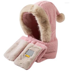 Bérets Hiver Chapeau Écharpe Gants Ensemble En Peluche À Capuche Polaire Chaud Pom Poms Cap Coupe-Vent Épaissi