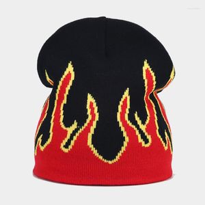 Boinas Y2k Goth Flame Hat para mujer Chica Punk Fire Pattern Beanie Halloween Skull Gorro de punto Moda Hip Hop Bonnet Regalos de Navidad