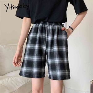 Bermudas Shorts Mujeres Vintage Plaid Pantalones cortos de cintura alta Mujer Verano Azul Negro Pantalones cortos cortos Back Elástico Cintura Tablero de ajedrez 210611